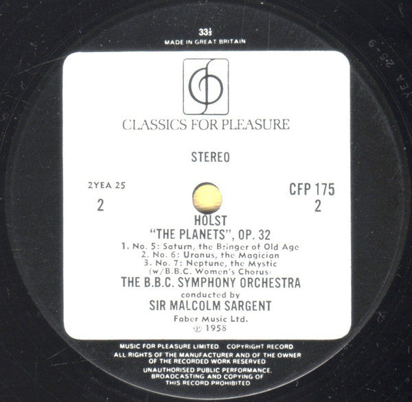 Holst* - BBC Symphony Orchestra Conducted By Sir Malcolm Sargent : The Planets (LP, Bla)