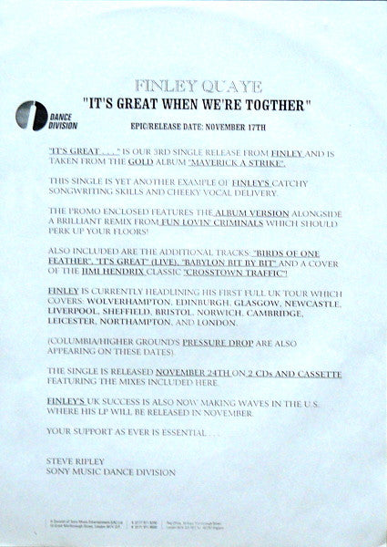 Finley Quaye : It's Great When We're Together (2x12", Promo)