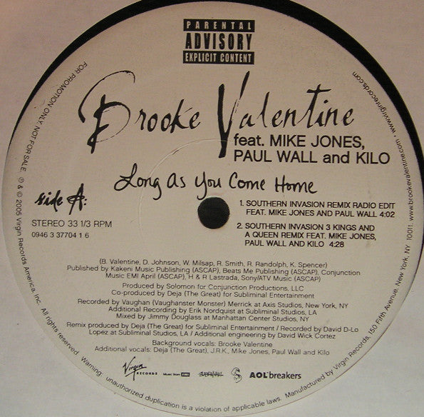 Brooke Valentine : Long As You Come Home (12", Maxi, Promo)