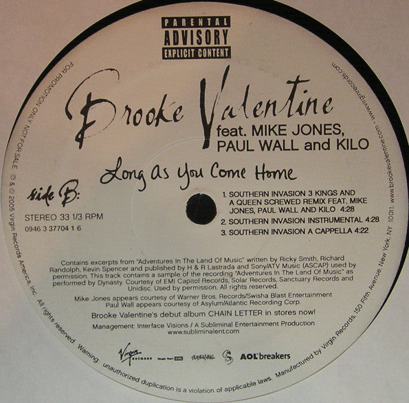 Brooke Valentine : Long As You Come Home (12", Maxi, Promo)