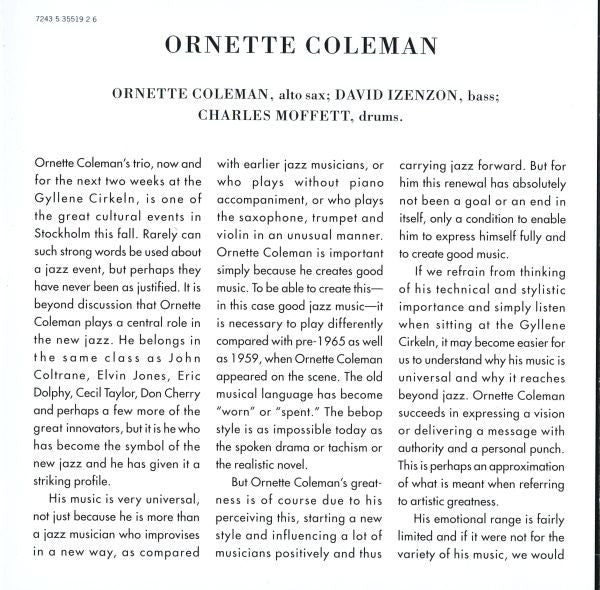 The Ornette Coleman Trio : At The "Golden Circle" Stockholm - Volume Two (CD, Album, RE, RM)