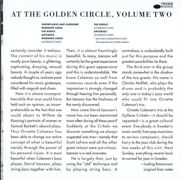 The Ornette Coleman Trio : At The "Golden Circle" Stockholm - Volume Two (CD, Album, RE, RM)