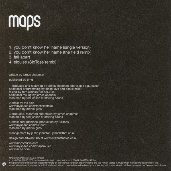 Maps : You Don't Know Her Name (CD, Single, Promo)