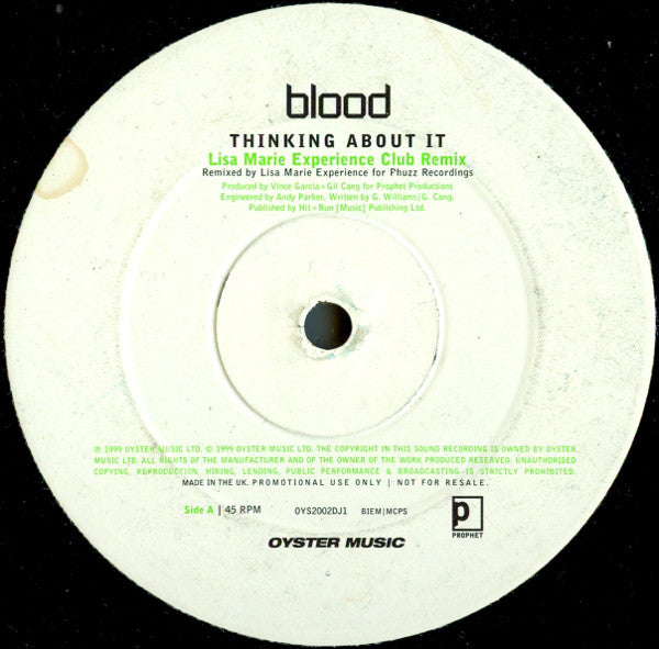 Blood : Thinking About It (Lisa Marie Experience Mixes) (12", Promo)