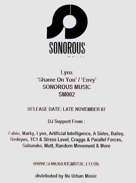 Lynx (7) : Shame On You / Envy (12", Promo, W/Lbl)