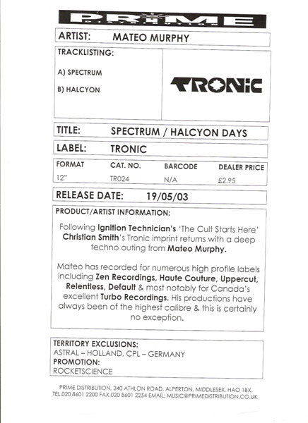Mateo Murphy : Spectrum / Halcyon Days (12", Promo, W/Lbl)