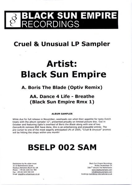 Black Sun Empire / Dance4Life : Cruel & Unusual Album Sampler (12", Ltd, Promo, W/Lbl)