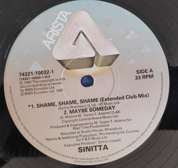 Sinitta : Shame Shame Shame (12", Single)