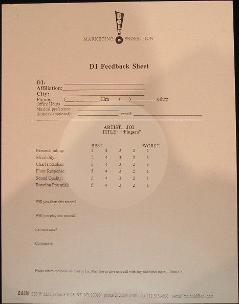 Joi : Fingers (12", Promo)