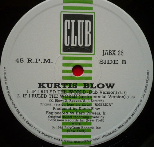 Kurtis Blow : If I Ruled The World (12", Single)