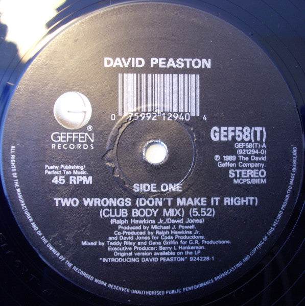 David Peaston : Two Wrongs (Don't Make It Right) (12")