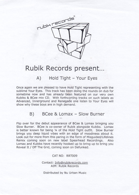 Hold Tight / BCee & Lomax : Your Eyes / Slow Burner (12", Promo, W/Lbl)
