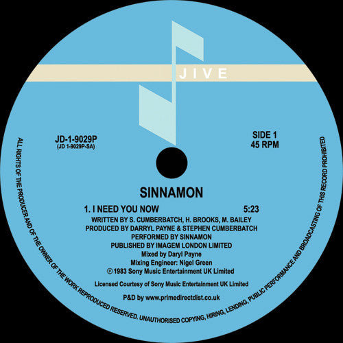 Sinnamon : I Need You Now (12", RE, RM)