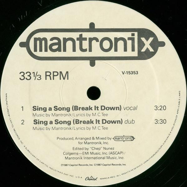 Mantronix : Sing A Song (Break It Down) (12", Single)