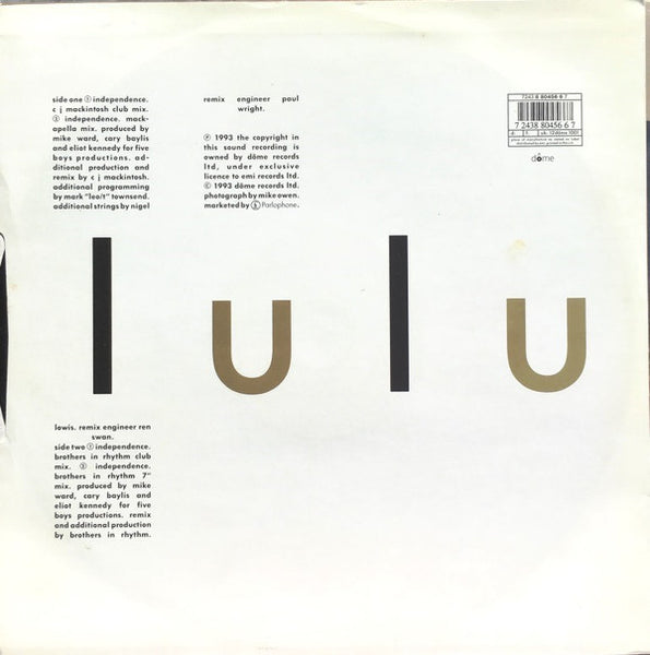Lulu : Independence (Brothers In Rhythm and CJ Mackintosh Mixes) (12")