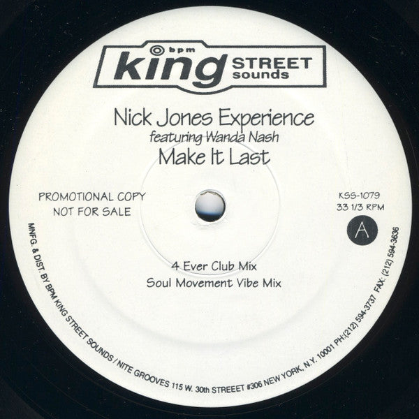 Nick Jones Experience Featuring Wanda Nash : Make It Last (12", Promo)