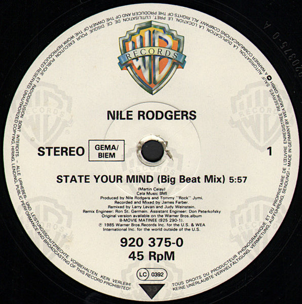 Nile Rodgers : State Your Mind / Stay Out Of The Light (12", Maxi)