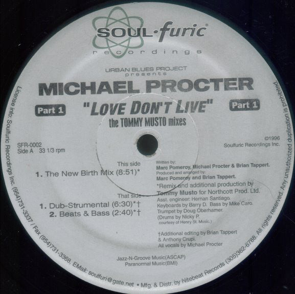 Urban Blues Project Presents Michael Procter : Love Don't Live (Part 1) (The Tommy Musto Mixes) (12")