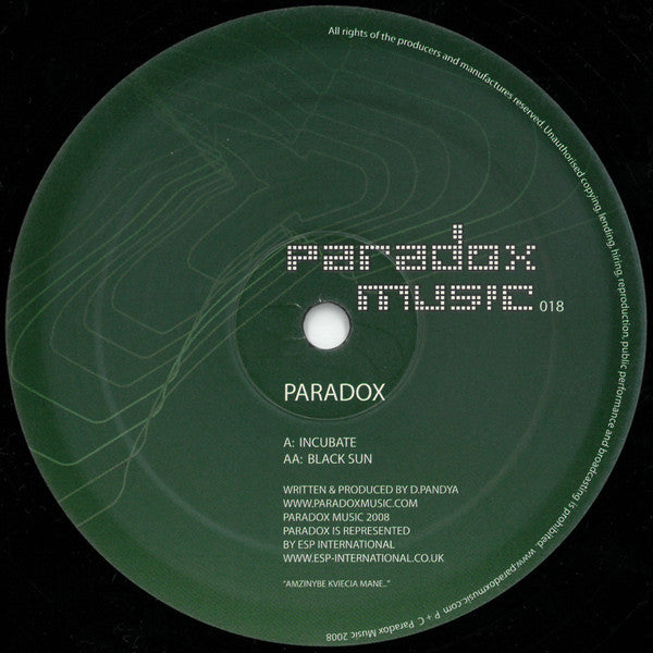 Paradox : Incubate / Black Sun (12")