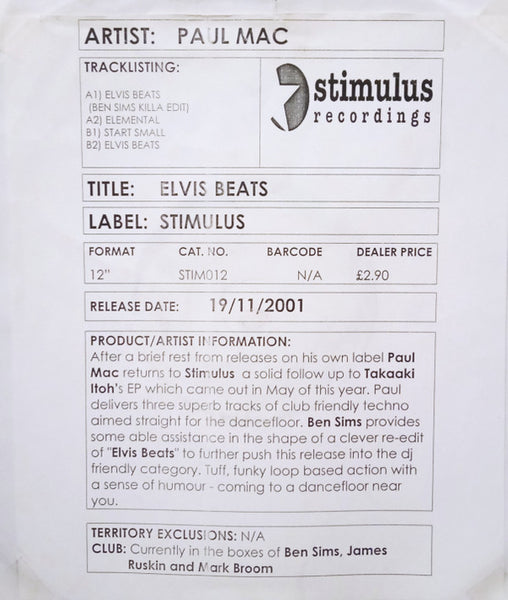 Paul Mac : Elvis Beats (12", W/Lbl)