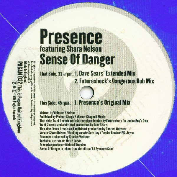 Presence Featuring Shara Nelson : Sense Of Danger (12", Promo)