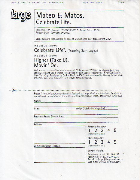 Mateo & Matos : Celebrate Life (12", W/Lbl, Tra)