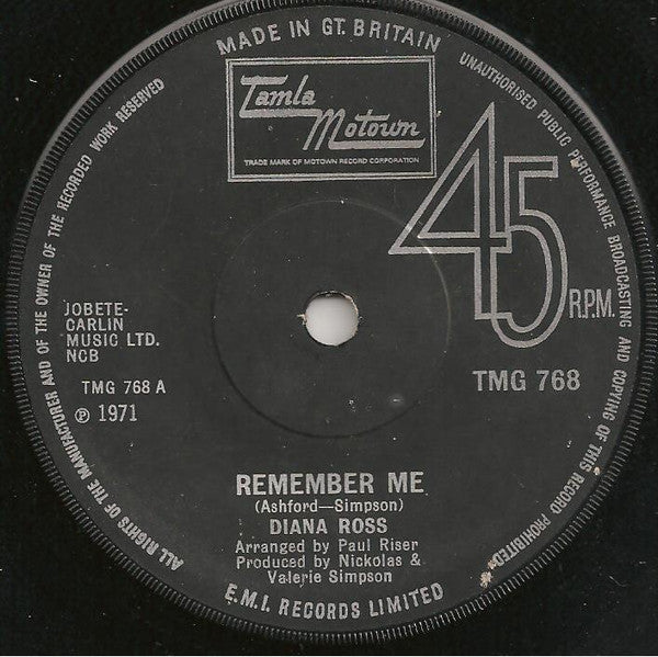 Diana Ross : Remember Me  (7", Single, Sol)
