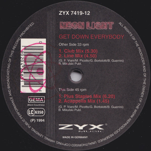Neon Light : Get Down Everybody (12")
