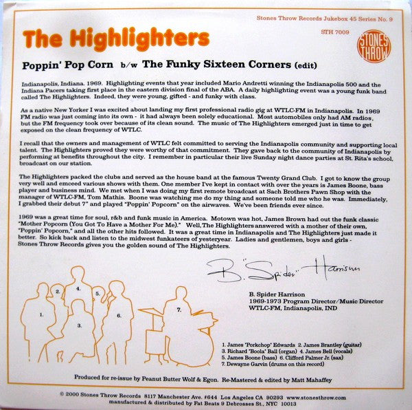 The Highlighters Band : Poppin' Pop Corn b/w The Funky Sixteen Corners (7", Single, RE)