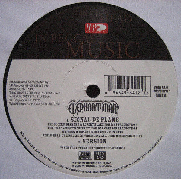 Elephant Man : Signal De Plane / Cock Up Your Bumper (Remix) (12")