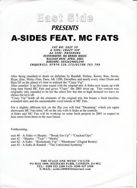 A-Sides Feat. MC Fats : Crazy (VIP) / Dreaming (12", Promo, Sti)