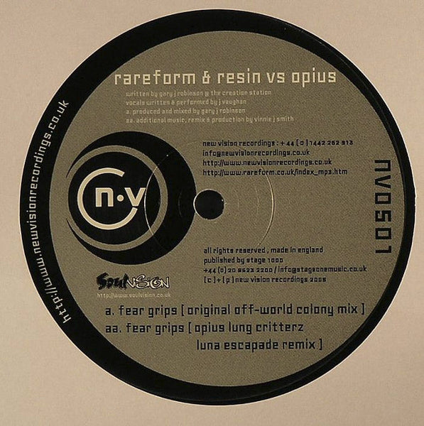 Rareform & Resin Vs Opius : Fear Grips (Original Off-world Colony Mix) / Fear Grips (Opius Lung Critterz Luna Escapade Remix) (12")