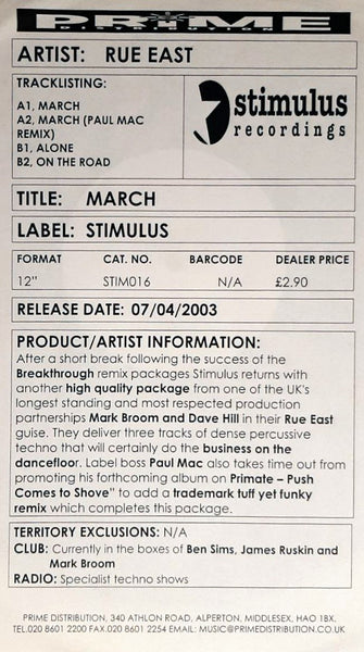 Rue East : March (12", W/Lbl)