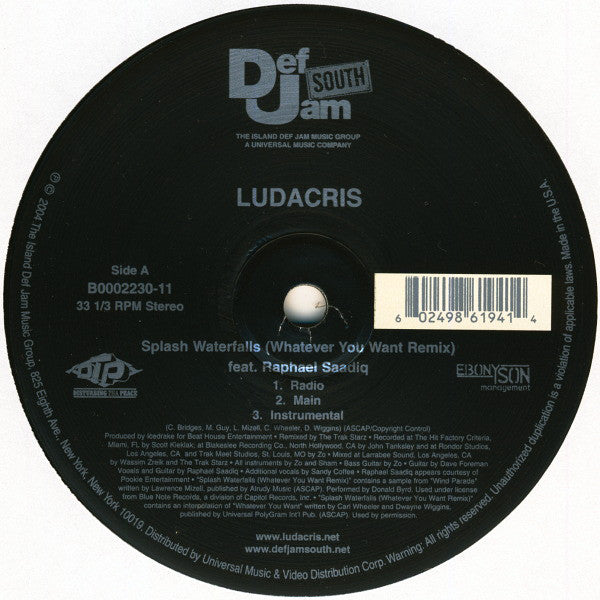 Ludacris : Splash Waterfalls (Whatever You Want Remix) / Screwed Up (12", Single)