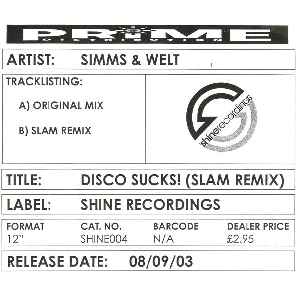 Simms* & Welt : Disco Sucks! (Slam Remix) (12", Promo, W/Lbl)