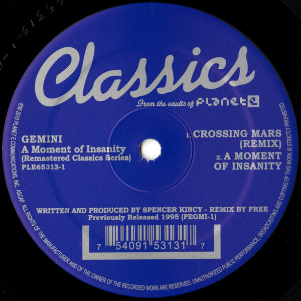 Gemini : A Moment Of Insanity (12", RE, RM)