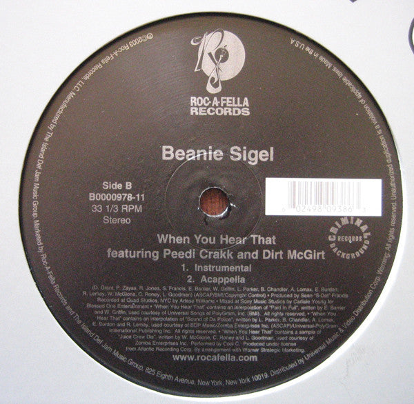 Beanie Sigel : When You Hear That (12")