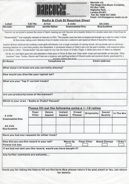 Spirit & Jennifer Bolton : Dreamcatcher (Spirit 2003 Remix) / Blue Sunshine (12")