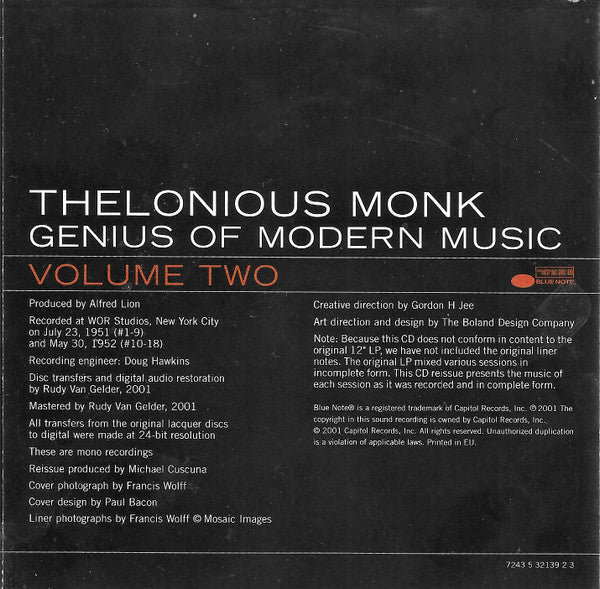 Thelonious Monk : Genius Of Modern Music, Vol. 2 (CD, Comp, Mono, RE, RM, RP)