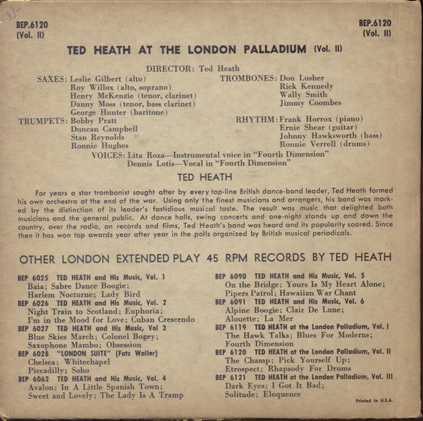 Ted Heath And His Music : Ted Heath At The London Palladium Vol. 2 (7", EP)
