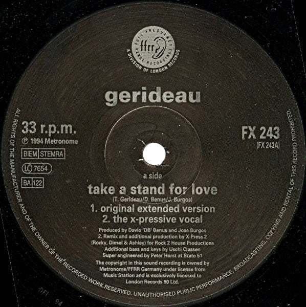 Gerideau : Take A Stand For Love (12", Single)