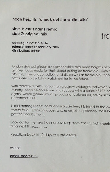Neon Heights : Check Out The White Folks (12", Promo, W/Lbl)