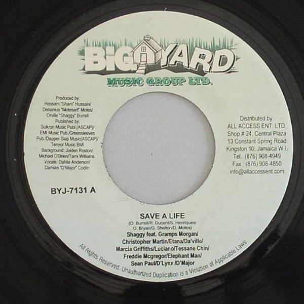 Shaggy Feat. Roy 'Gramps' Morgan / Christopher Martin (3) / Etana / Da'Ville / Marcia Griffiths / Luciano (2) / Tessanne Chin, Freddie McGregor / Sean Paul / Elephant Man / D Major (2) : Save A Life (7")