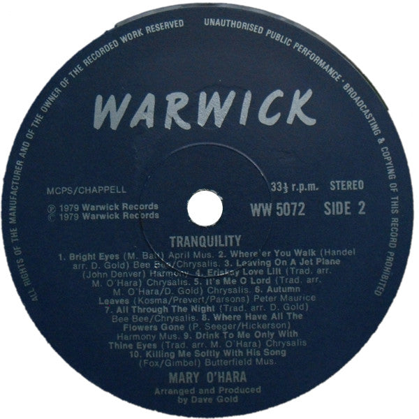 Mary O'Hara : Tranquility (20 Songs Of Life) (LP, Album)