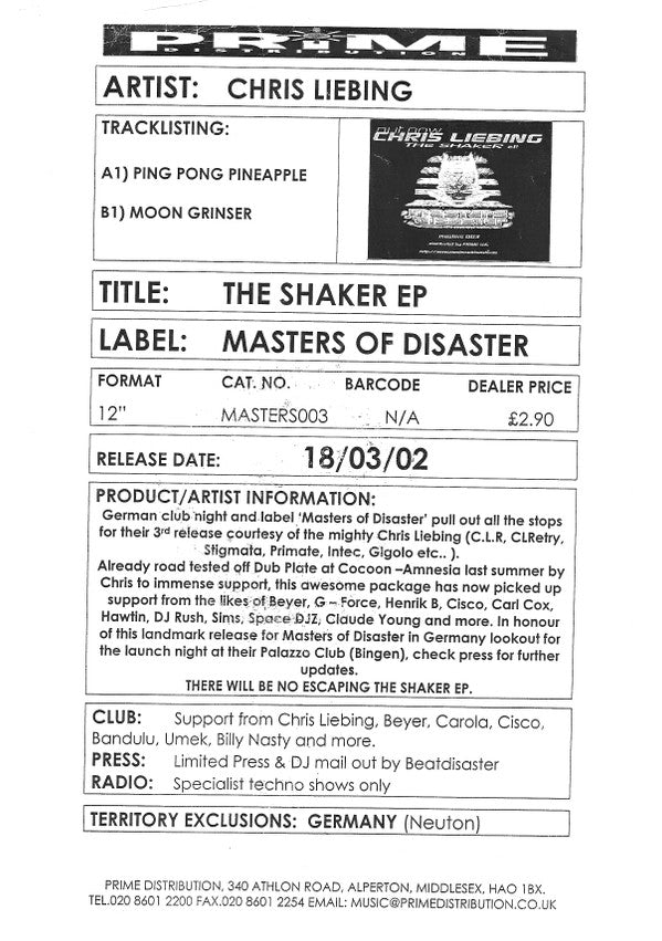 Chris Liebing : The Shaker E.P. (12", EP, Promo)