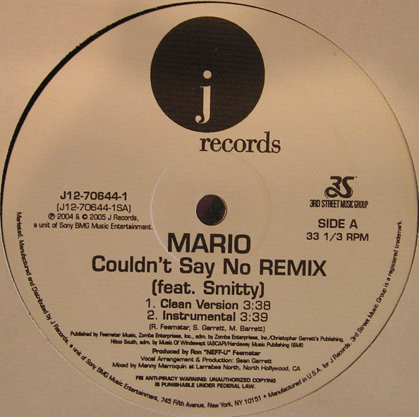 Mario Feat. Smitty (7) : Couldn't Say No (Remix) (12")