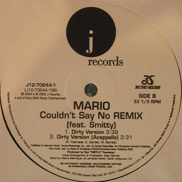 Mario Feat. Smitty (7) : Couldn't Say No (Remix) (12")
