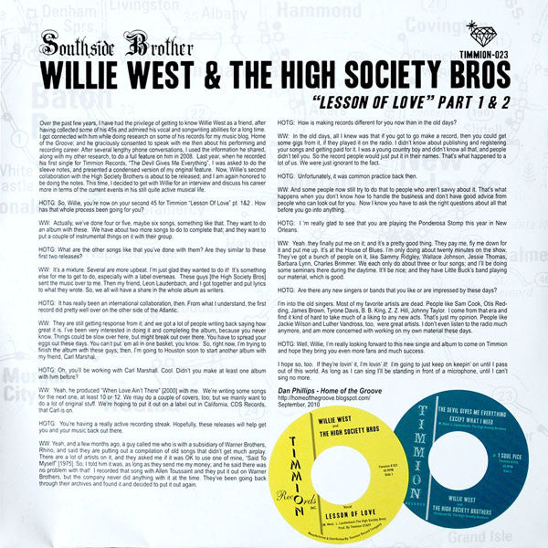 Willie West And The High Society Bros* : Lesson Of Love (7")