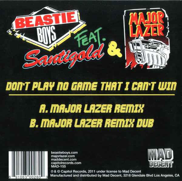 Beastie Boys Feat. Santigold & Major Lazer : Don't Play No Game That I Can't Win (7", Single, Ltd, Yel)