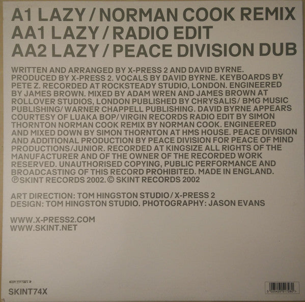 X-Press 2 Featuring David Byrne : Lazy (Remixes) (12", Single)